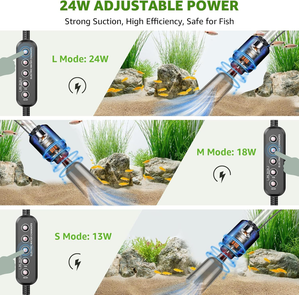 24W Aquarium Vacuum Gravel Cleaner: 8 in 1 Electric Fish Tank Cleaner
