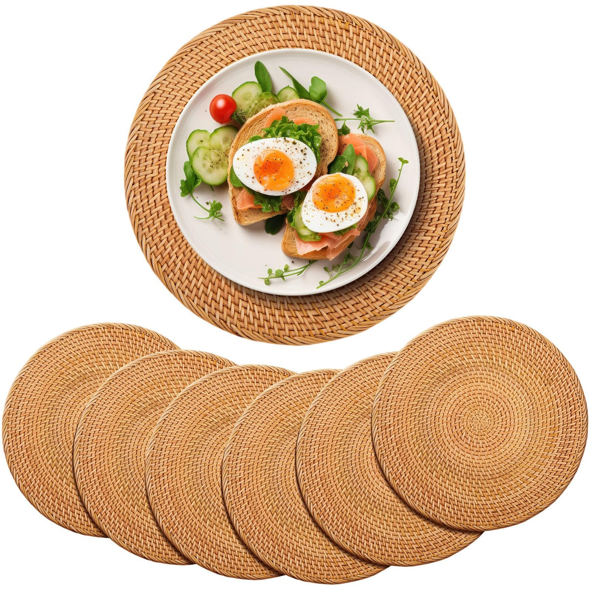 6 Pack Round Rattan Placemats, 13 Inch Rattan Chargers for Table