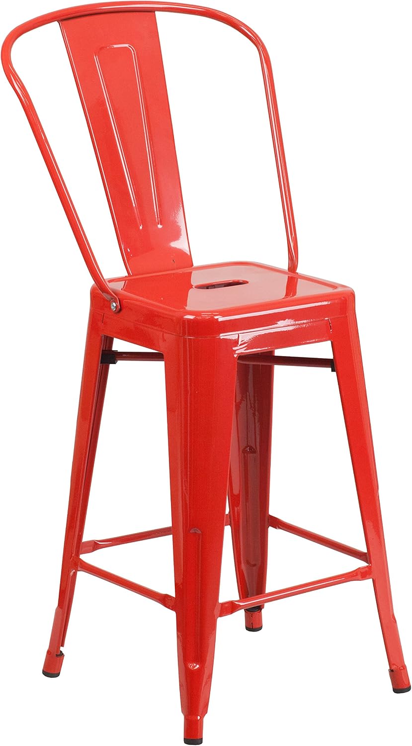 Commercial Grade 24" H Red Metal Indoor-Outdoor Counter Height Stool w/Back