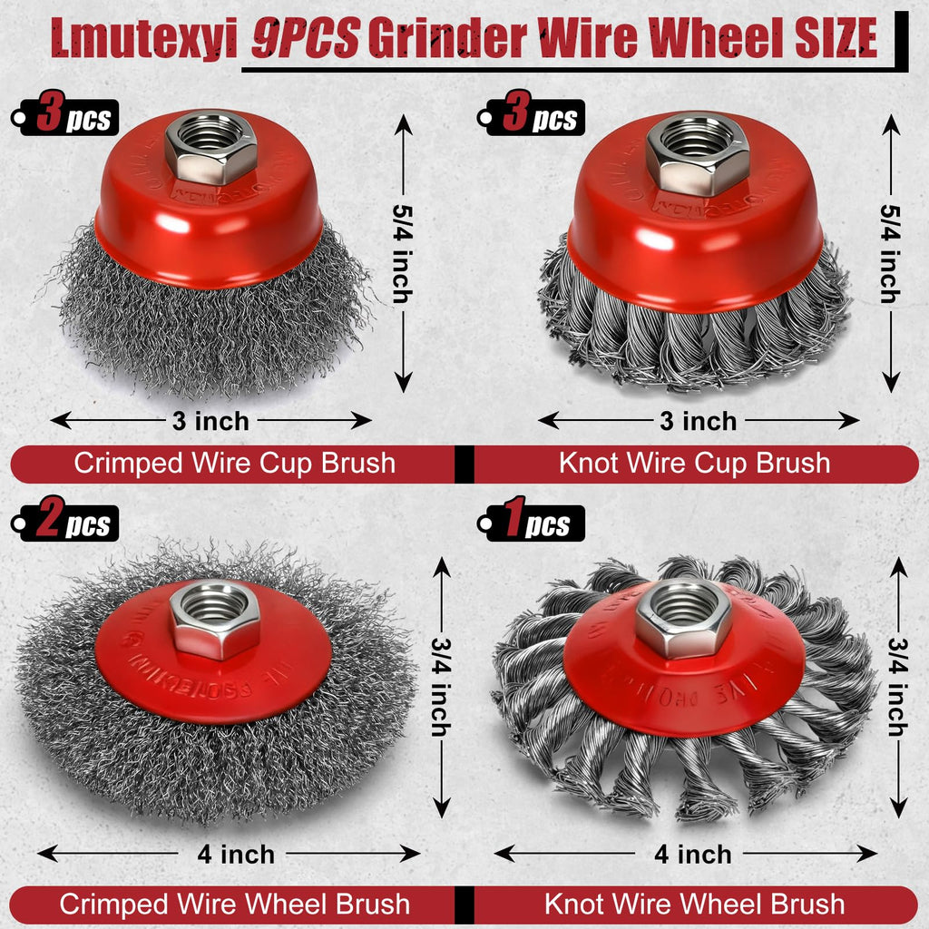 Lmutexyi 9Pcs Wire Wheel for Angle Grinder, 4 & 3In Knotted/Crimped