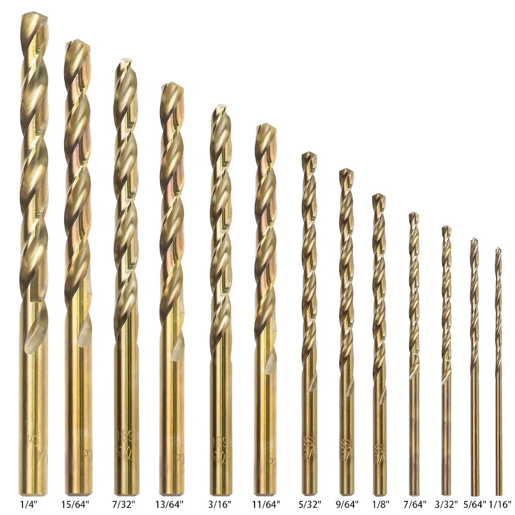 GMTOOLS 13Pcs Cobalt Drill Bits Set, M35 HSS 135 Degree Tip, Twist Jobber Length Drill Bit Kit for Hardened Metal, Cast Iron, Stainless Steel, Plastic and Wood with Storage Case 1/16"-1/4"