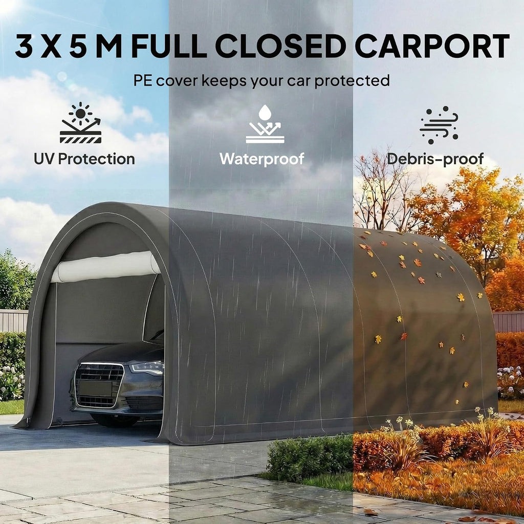 10' x 16' Carport Heavy Duty Portable Garage Storage Tent Gray | Large Zippered Door, Anti-UV PE Canopy Cover