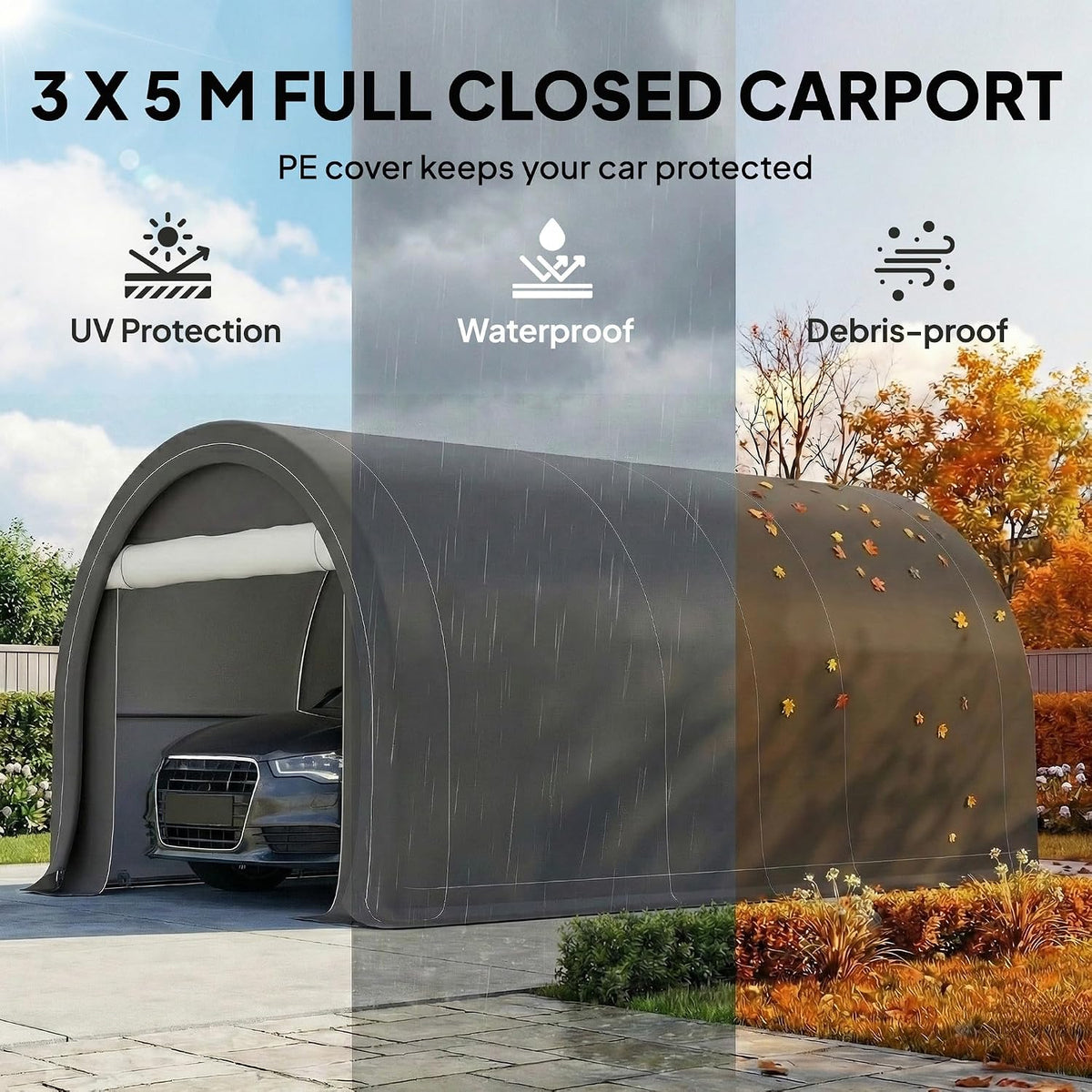 10' x 16' Carport Heavy Duty Portable Garage Storage Tent Gray | Large Zippered Door, Anti-UV PE Canopy Cover