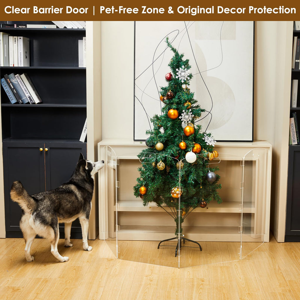 32" Tall 4-Panel Clear Acrylic Freestanding Indoor Pet Barrier Gate with Modern Folding Frame for Wide Doorways, Hallways & Stairs