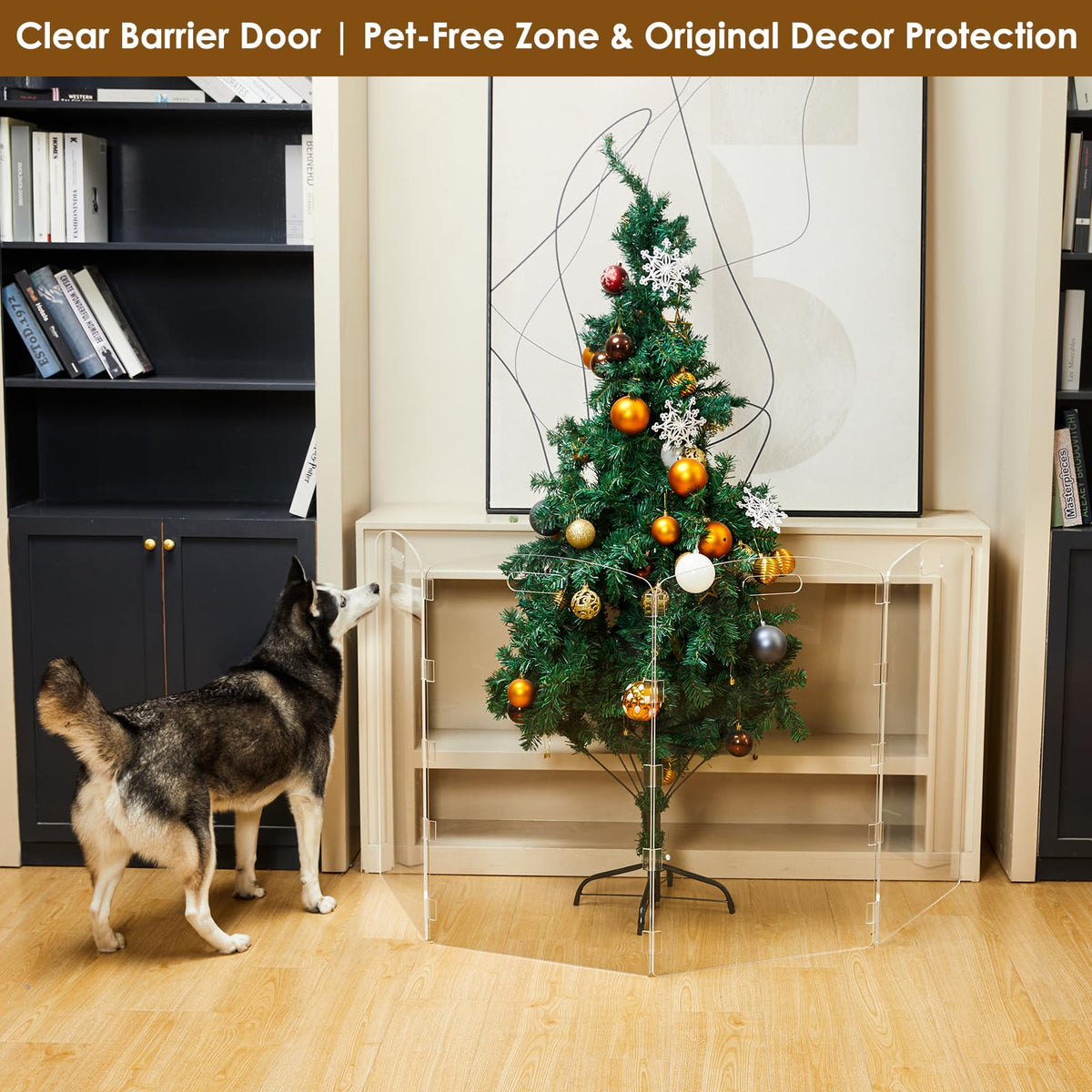 32" Tall 4-Panel Clear Acrylic Freestanding Indoor Pet Barrier Gate with Modern Folding Frame for Wide Doorways, Hallways & Stairs
