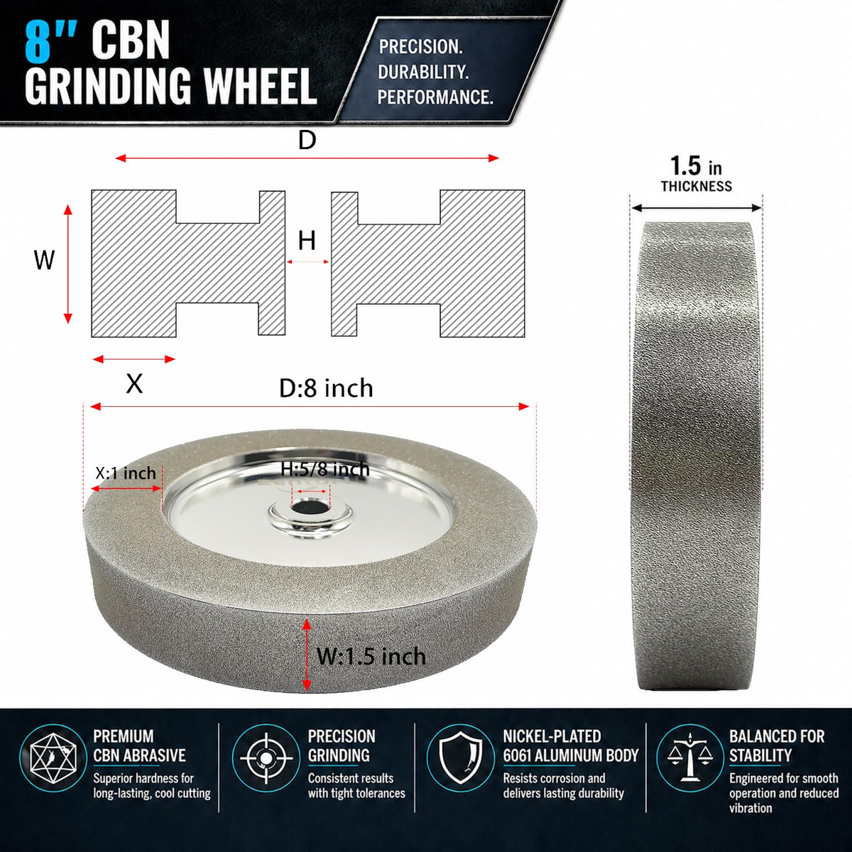Mega Square 8 Inch CBN Grinding Wheel, 5/8" Arbor, 1.5" Wide, 600 Grit