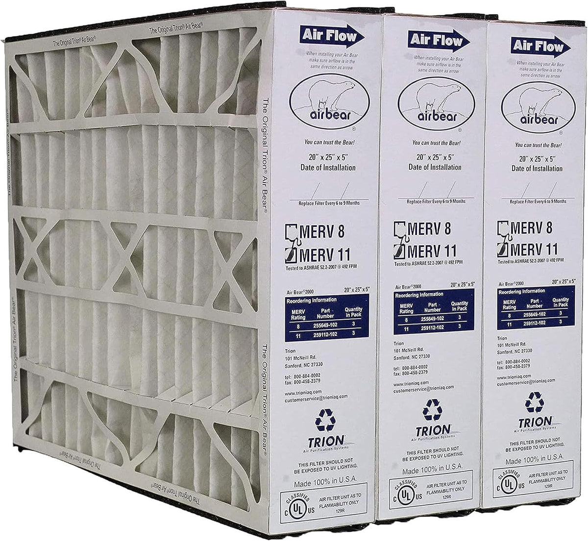 3 Pack Pleated Air Filter, Air Bear MERV 11 for HVAC/Furnace, 20x25x5 in.