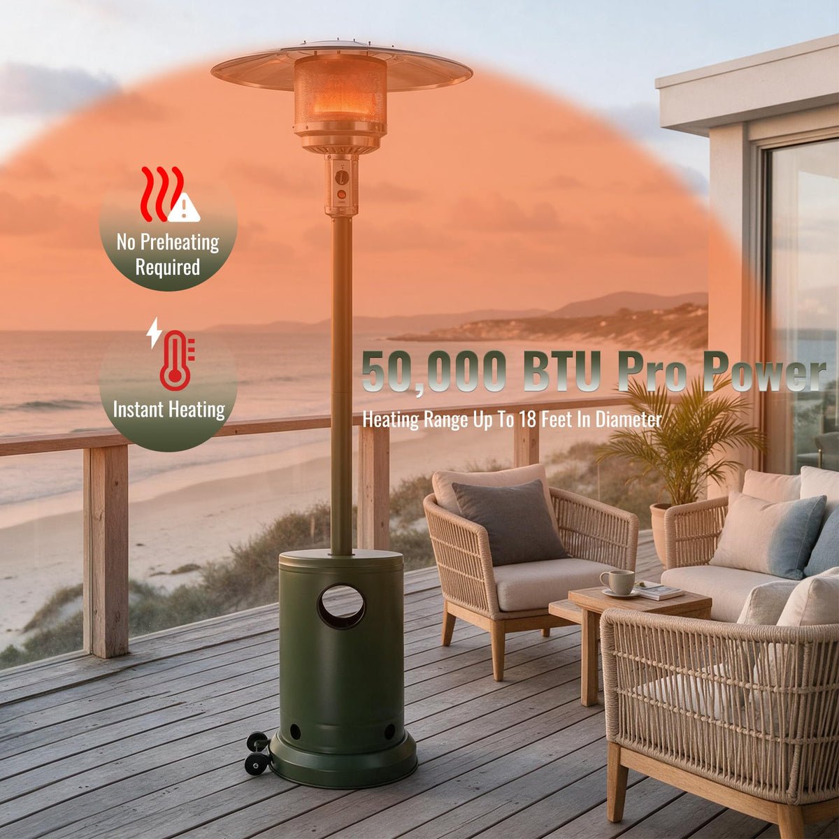 Evergreen 50,000 BTU Propane Patio Heater with Wheels, Outdoor Gas Heater with Water/Sand Weighted Base, Adjustable