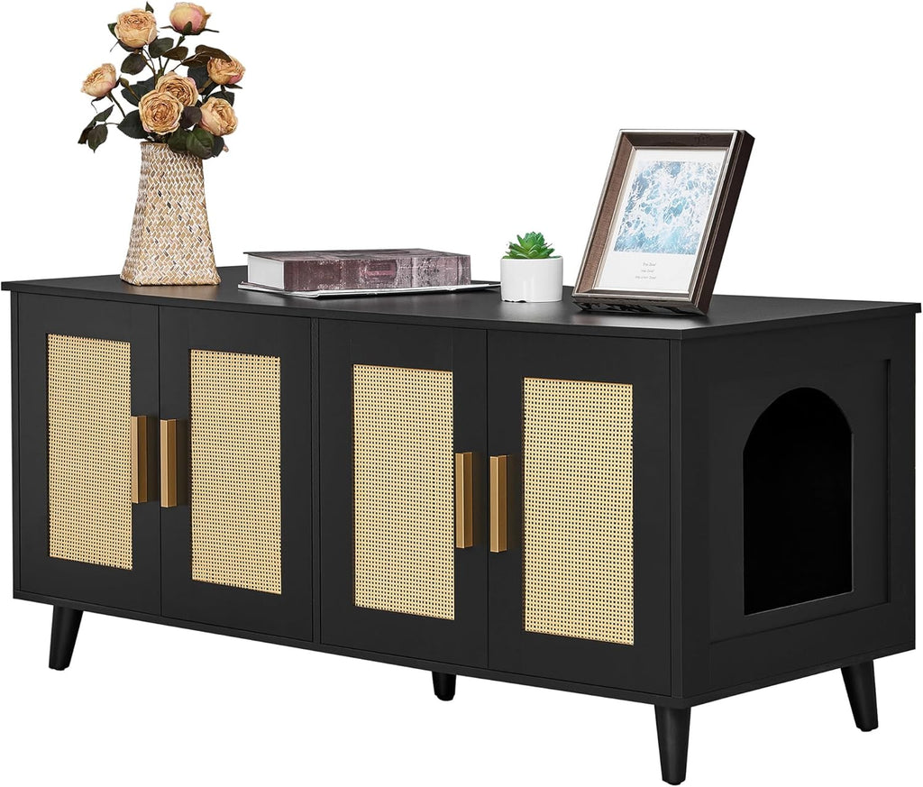 Boho Cat Litter Box Enclosure for 2 Cats, Black and Natural
