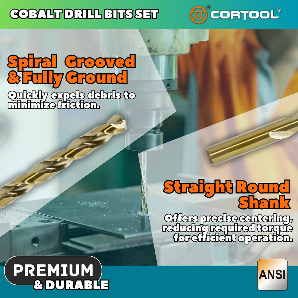 CORTOOL 5/32 inch Cobalt Drill Bits (12Pcs), M35 HSS Metal Jobber Length Twist Drill Bit Set for Hard Metal, Stainless Steel, Iron, Copper, Aluminium, Brass, Plastic & Wood