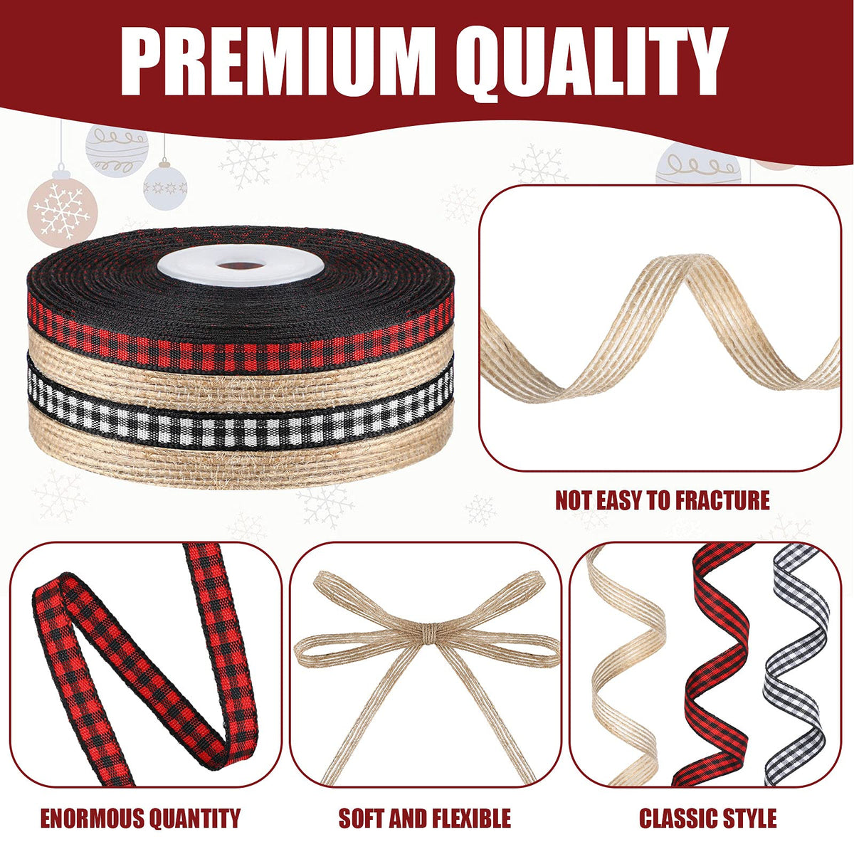 4 Rolls Christmas Buffalo Plaid Ribbons Craft, 0.24 Inch, Retro