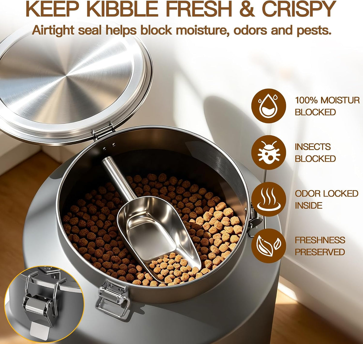 Stainless Steel Dog Food Storage Container 45 lb with Scoop & Lid