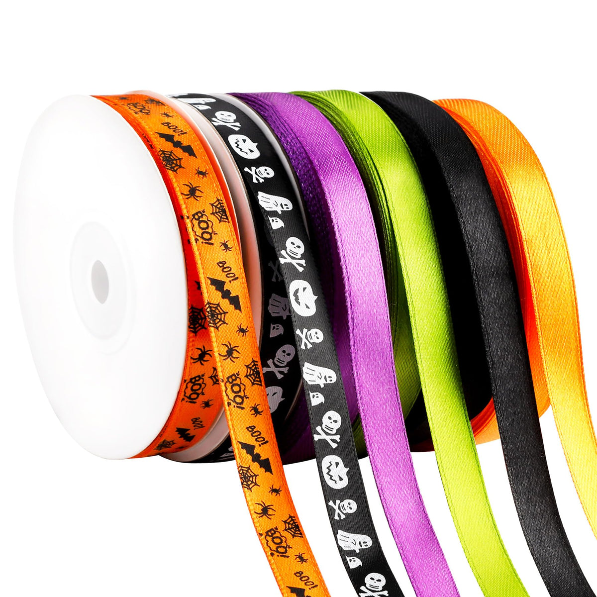 6 Rolls 150 Yards Halloween Ribbon Thin for Wreaths Bat Spider Web Pumpkin Print Grosgrain Ghost Witch Hat Ribbon