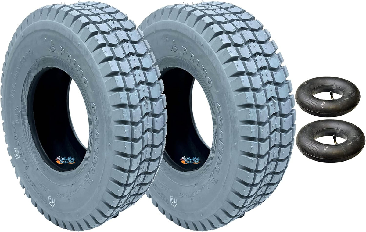 Set of 9x3.50-4 tires with Inner Tubes. Fits Hoveround MPV 4 & 5 Powerchairs. OThers