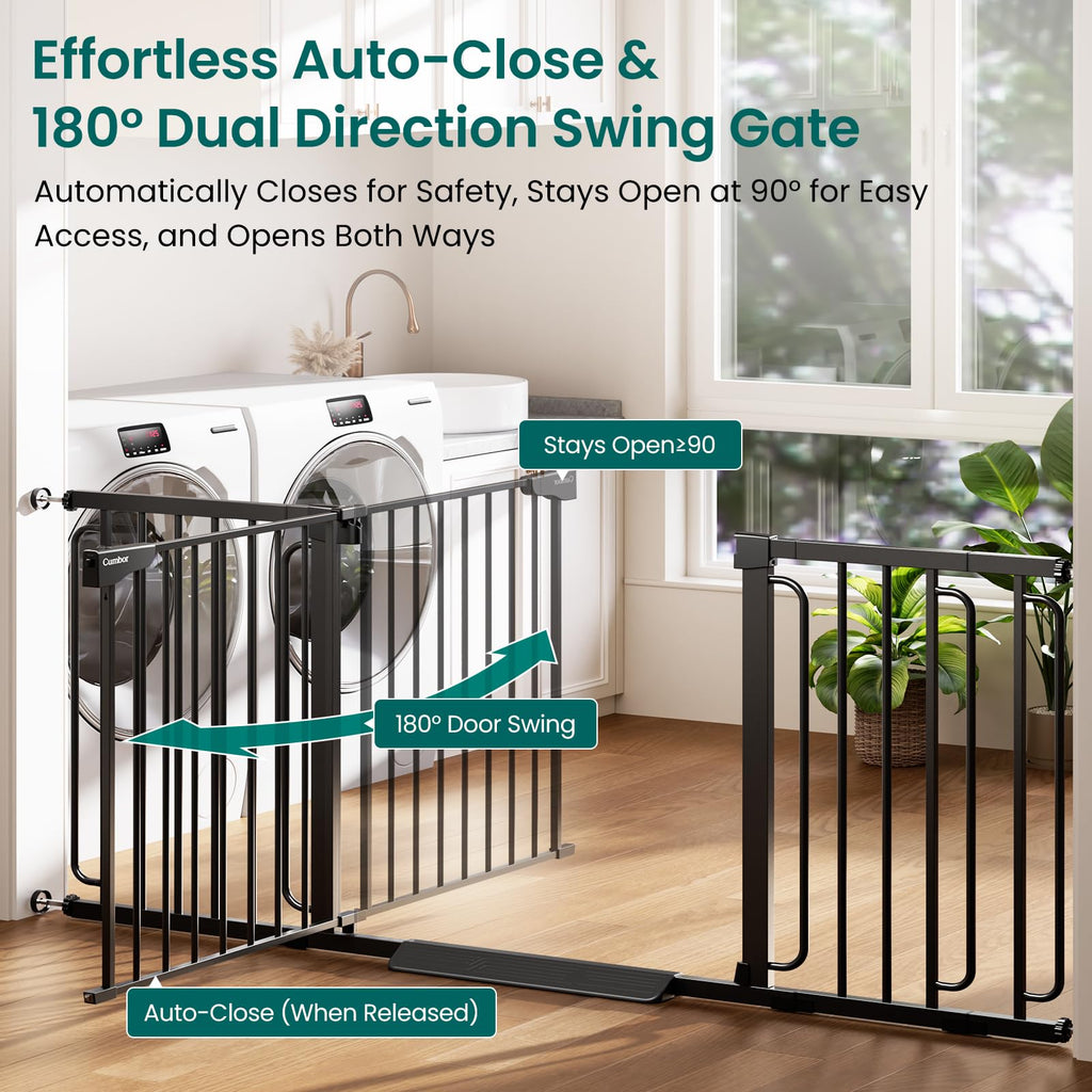36.6-69" Extra-Wide Adjustable Hardware/Pressure-Mounted Pet & Child Safety Gate with Dual-Lock Walk-Through Swing Door for Stairs, Hallways & Wide Doorways — Black