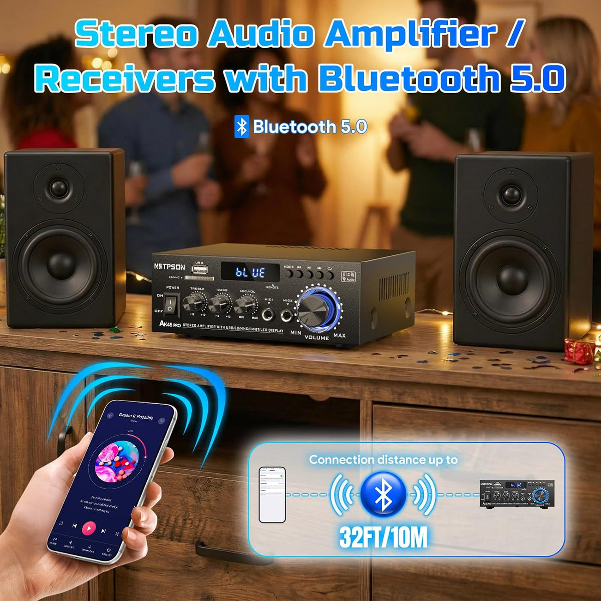 AK45 Pro Bluetooth Stereo Receiver& Amplifier,2CH RMS 50W x 2 (Peak 800W) 2 Channel Amp with FM Radio,USB/SD Inputs