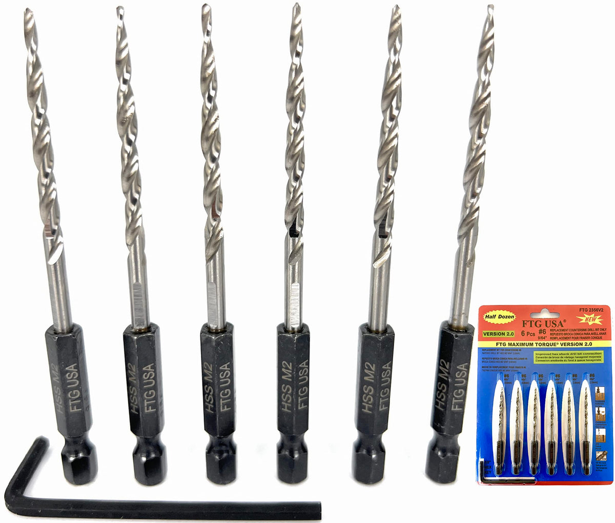 FTG USA 6Pc #6 (9/64") Replacement Countersink Drill Bit Set Tapered Bits