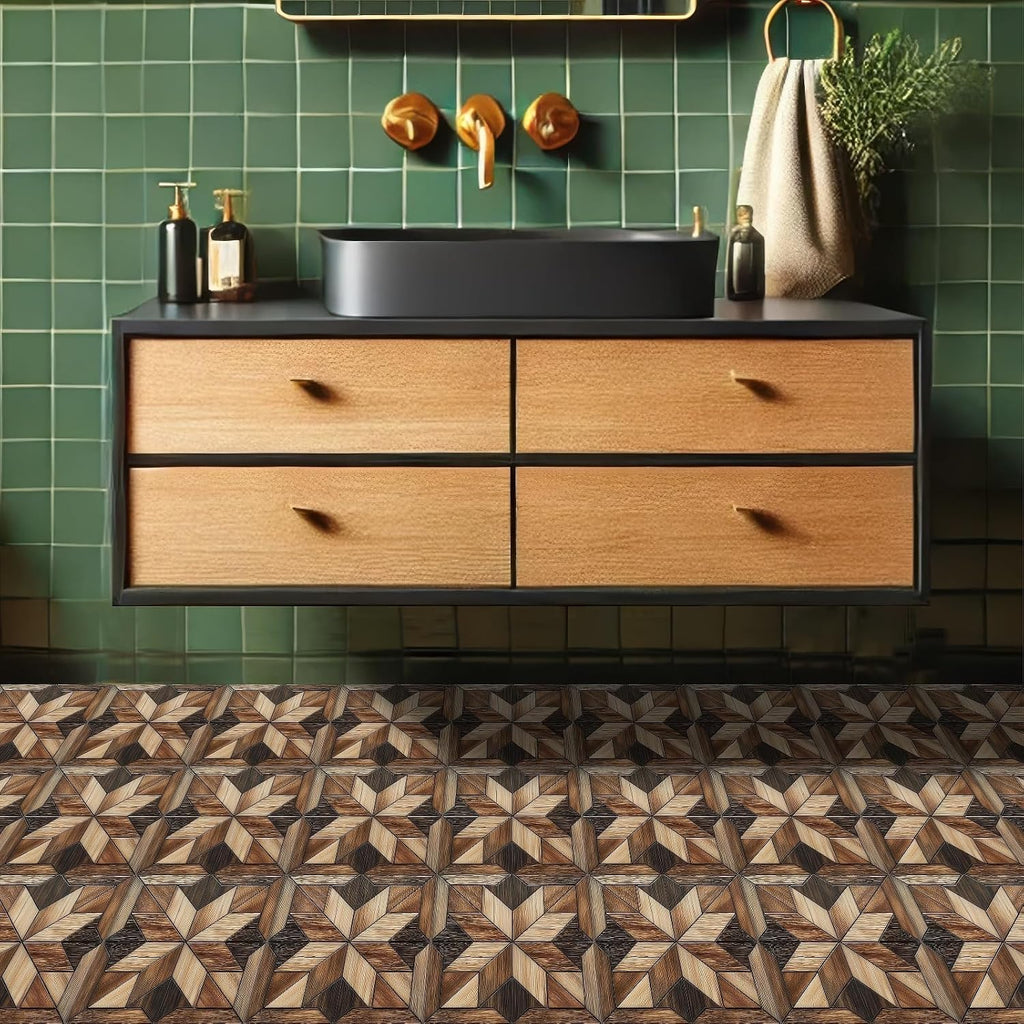 Wood Geometric Pattern Peel and Stick Tile Art Deco, 12"x12"