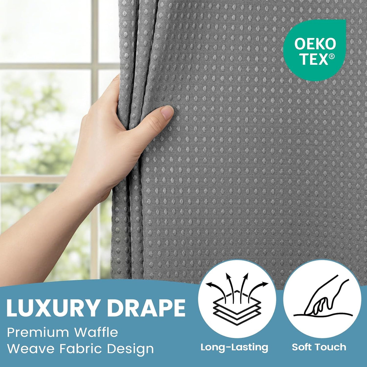 No Hook Shower Curtain with Snap in Liner Set Waffle Shower Curtain for Bathroom Hotel Style Fabric Waterproof Inner
