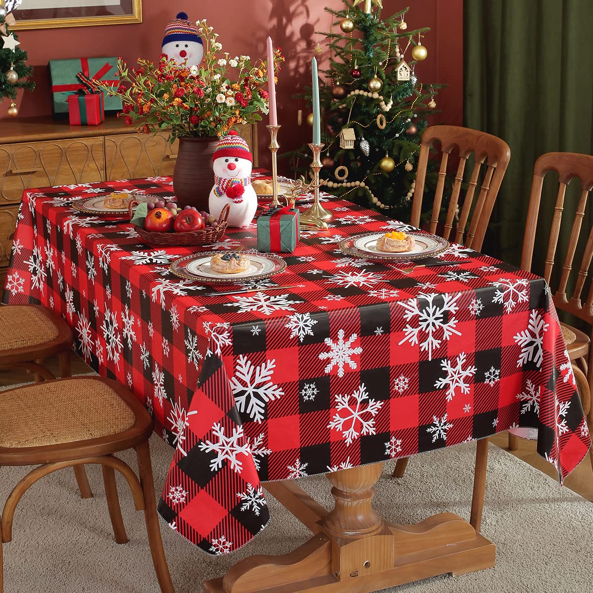 Christmas Tablecloth Rectangle Vinyl with Flannel Backing, Buffalo Plaid Snowflake Print, Waterproof & Heavy Duty