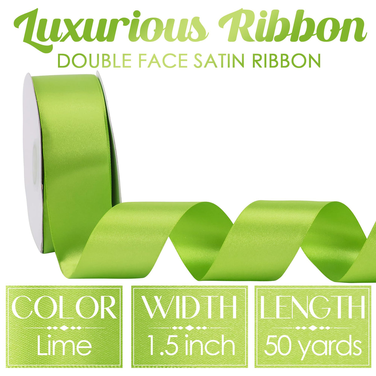 Lime Satin Ribbon 1-1/2 inch Lime Ribbon Double Faced Satin Ribbon By 50 Yards Lime Green Ribbon for Christmas Tree