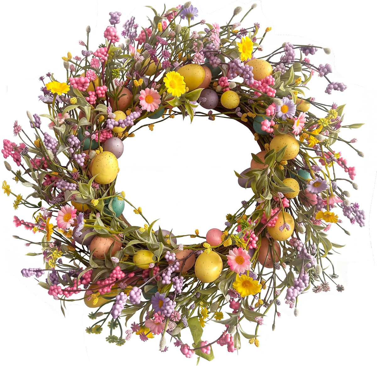 20" Easter Wreath for Front Door Decoration, Artificial Spring Wreath with Flowers and Colorful Easter Eggs, Easter