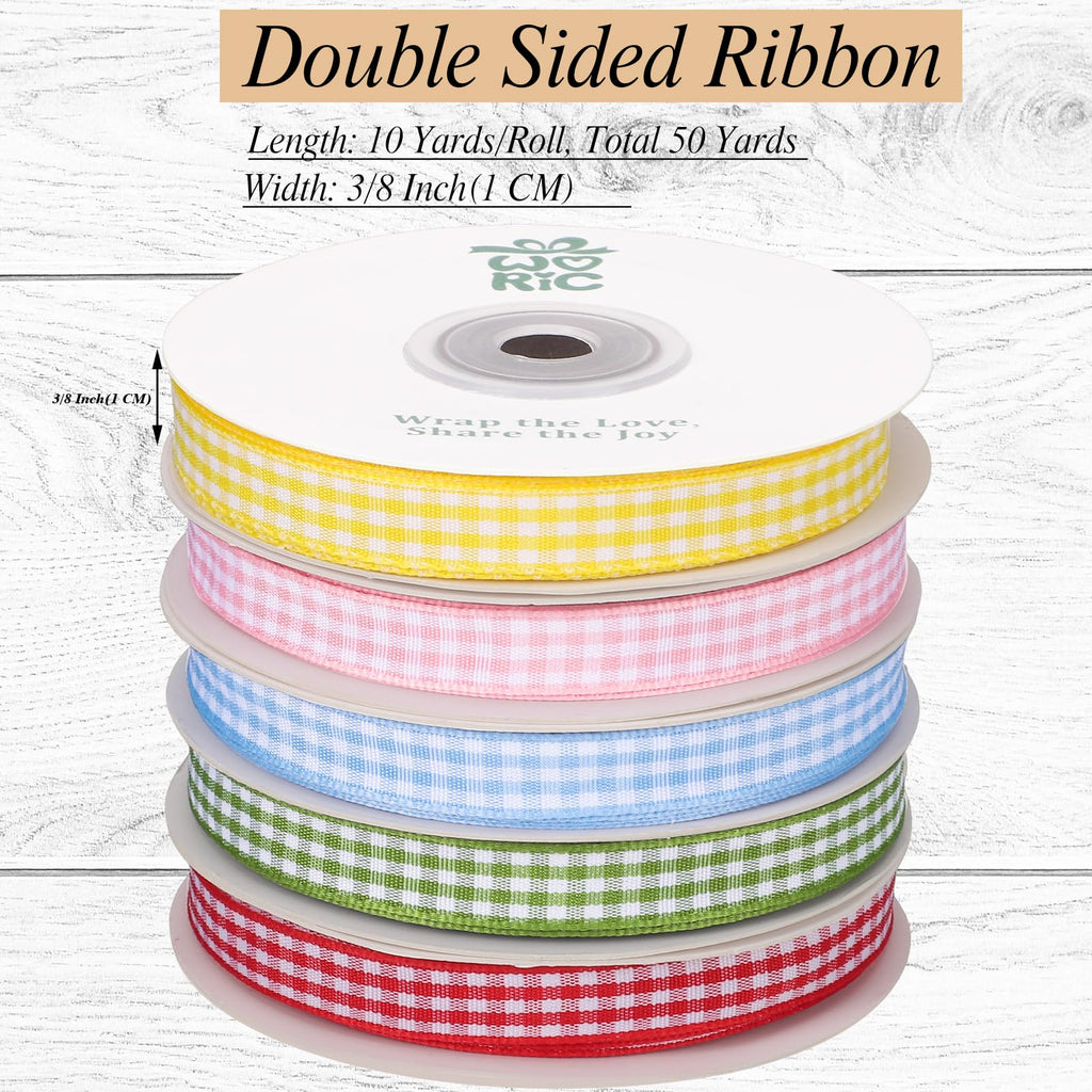 5 Color Gingham Ribbon 3/8" X 50 Yd Plaid Ribbons