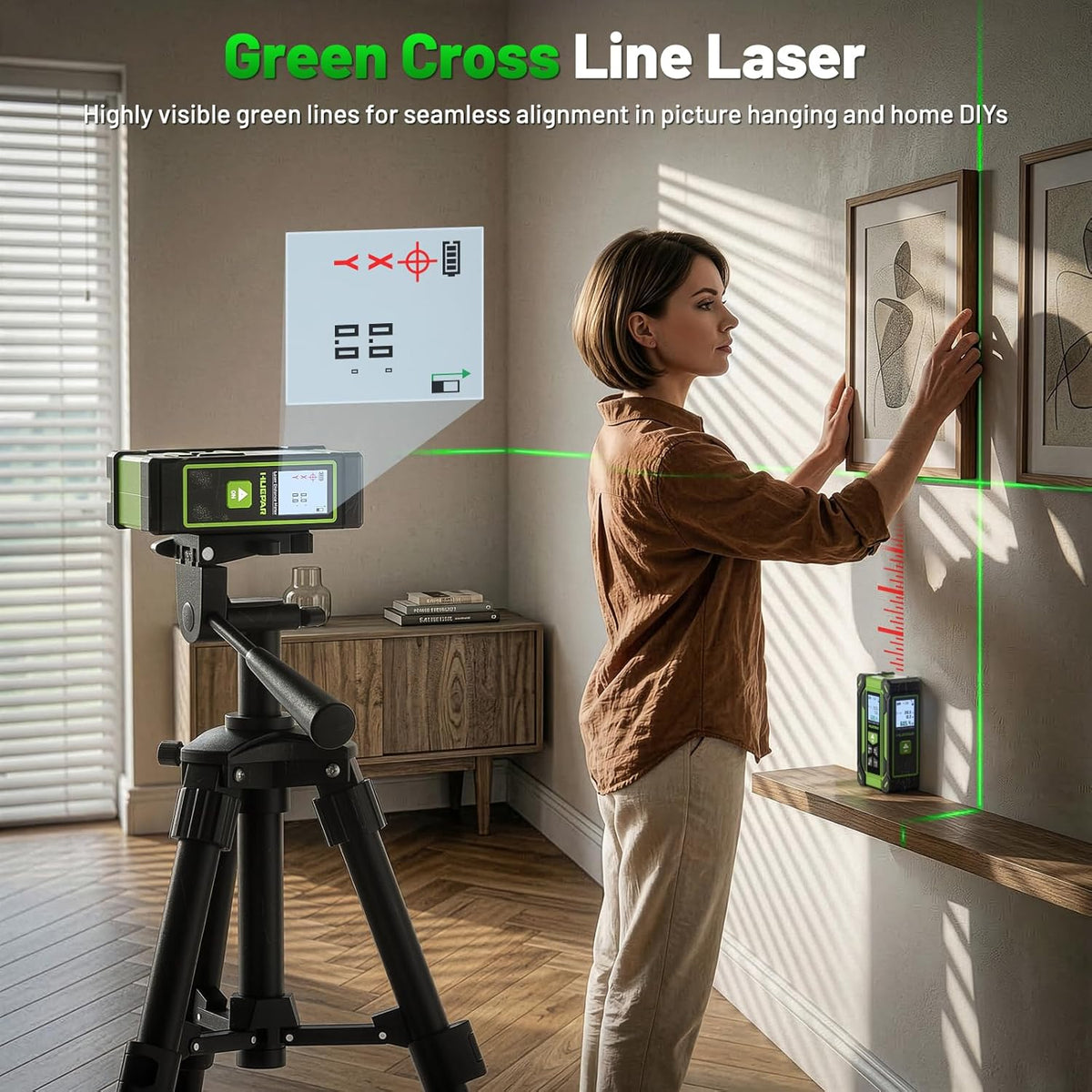 Digital Laser Tape Measure 4-in-1, HUEPAR ±1/16" Laser Measure with Dual HD Display, 200Ft Rechargeable Laser