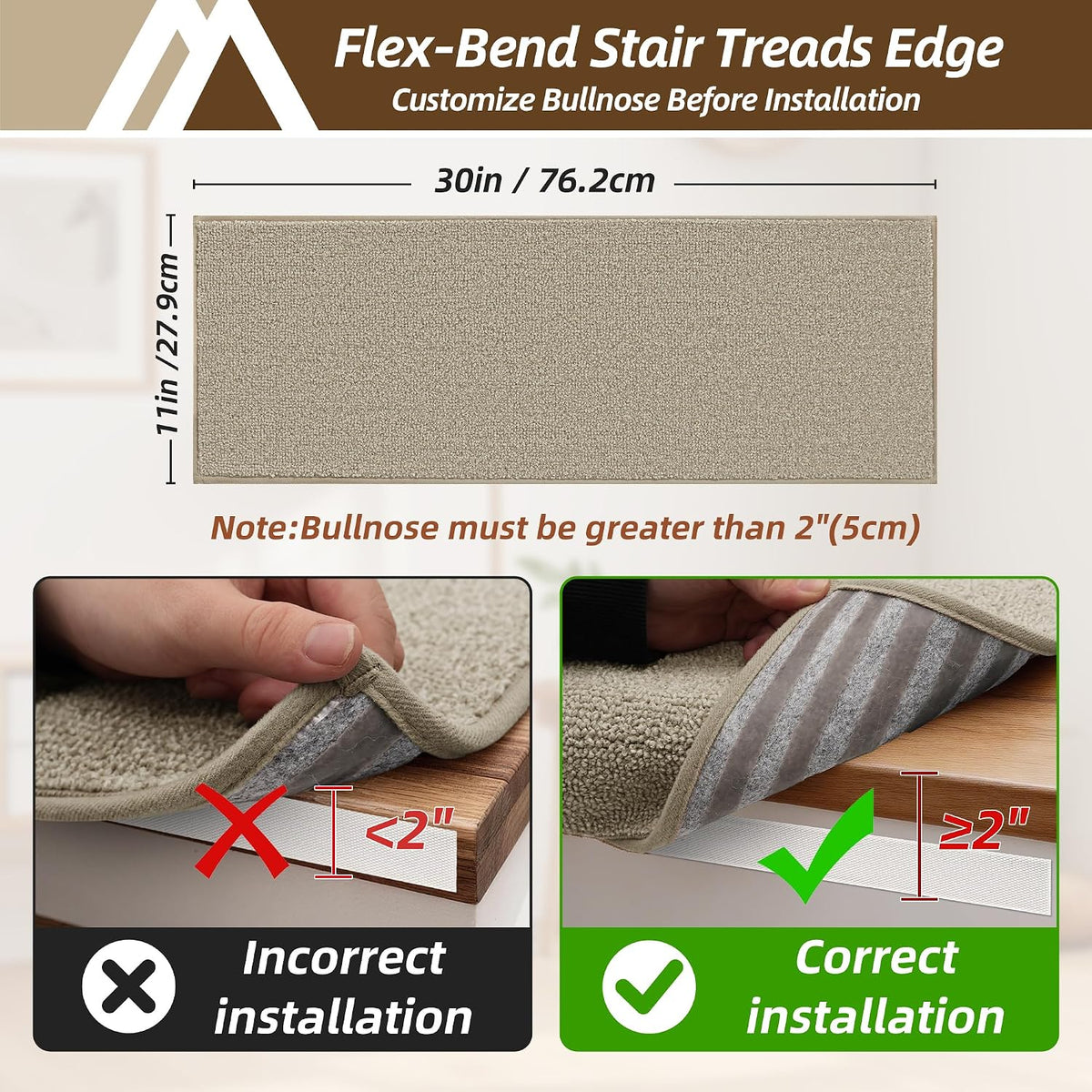 Bullnose Carpet Stair Treads Stair Protectors 11"x30",4Pc,Beige