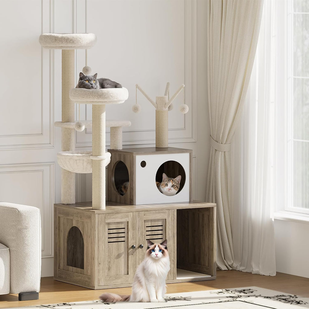 Cat Litter Box Enclosure with Tree Tower and Condo, Multi-Level Cat Tree with Scratching Posts, Cozy Hammock, Hanging