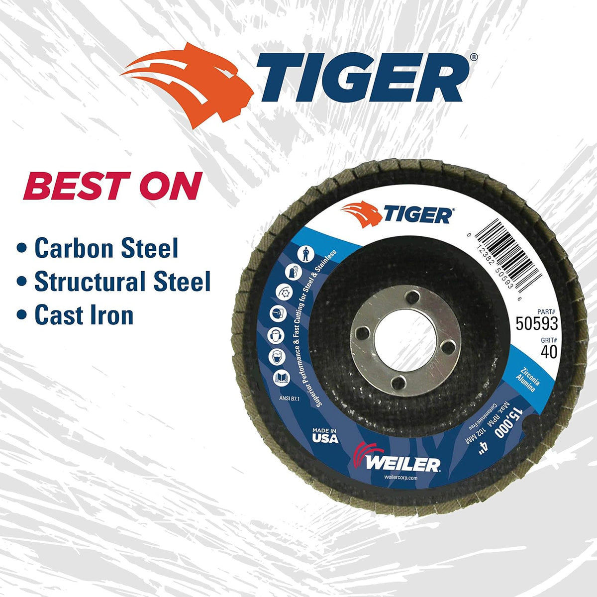 Weiler 50593 4" Tiger Disc Abrasive Flap Disc, Conical (TY29), Phenolic Backing, 40Z, 5/8" Arbor Hole (Pack of 10)