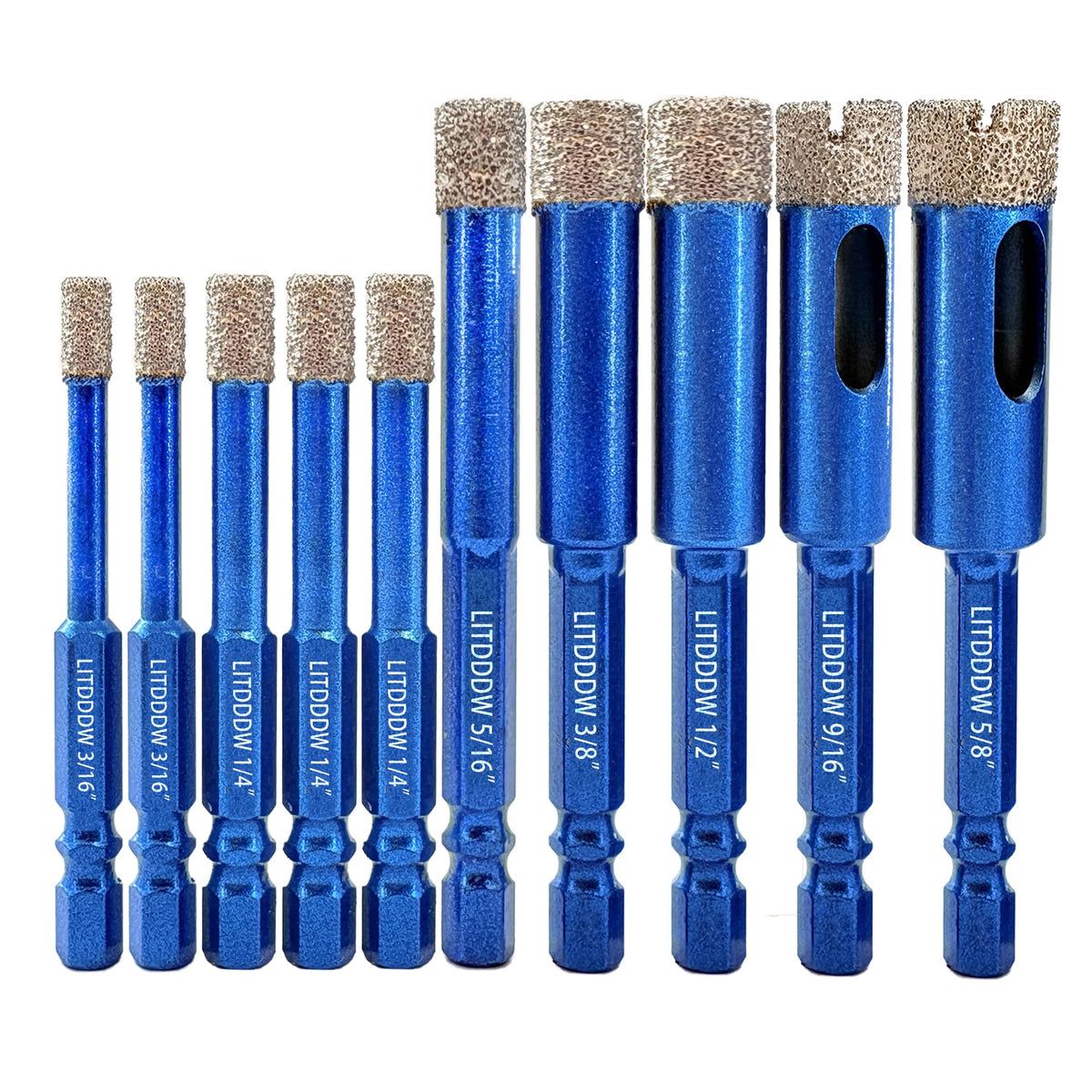 LITDDDW 10-Pack Hex Shank Dry Diamond Drill Bits,7 Mixed Sizes 3/16"-5/8"