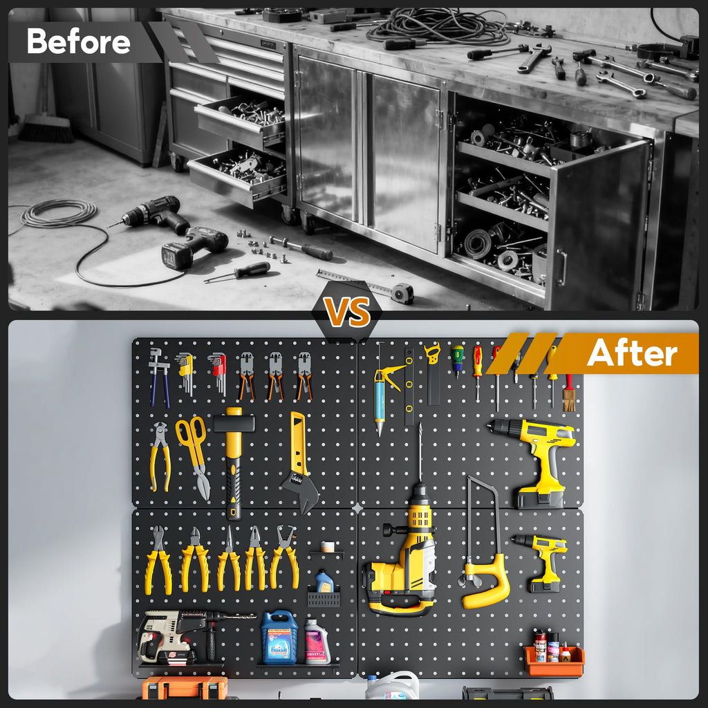 Peg Board, 4 Pack Black PegBoard Panels with 106 Accessories