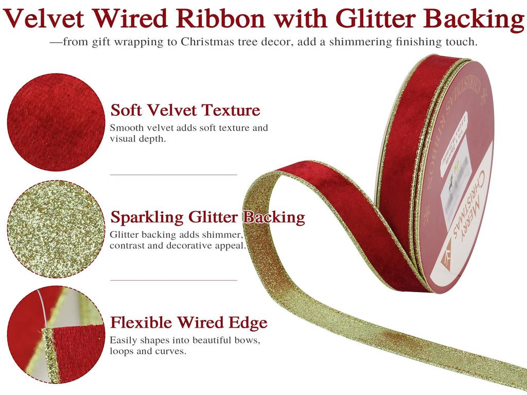 1 inch Red Velvet Christmas Wired Ribbon Continuous 20 Yards