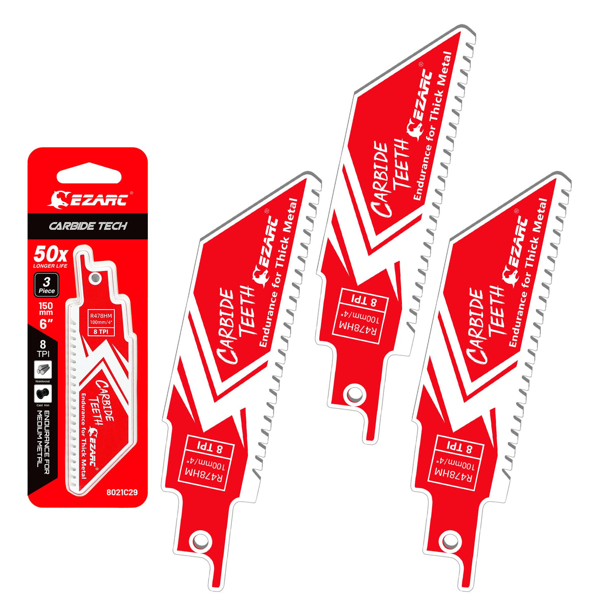 EZARC 4-Inch 8TPI Carbide Reciprocating Saw Blades, 3-Pack