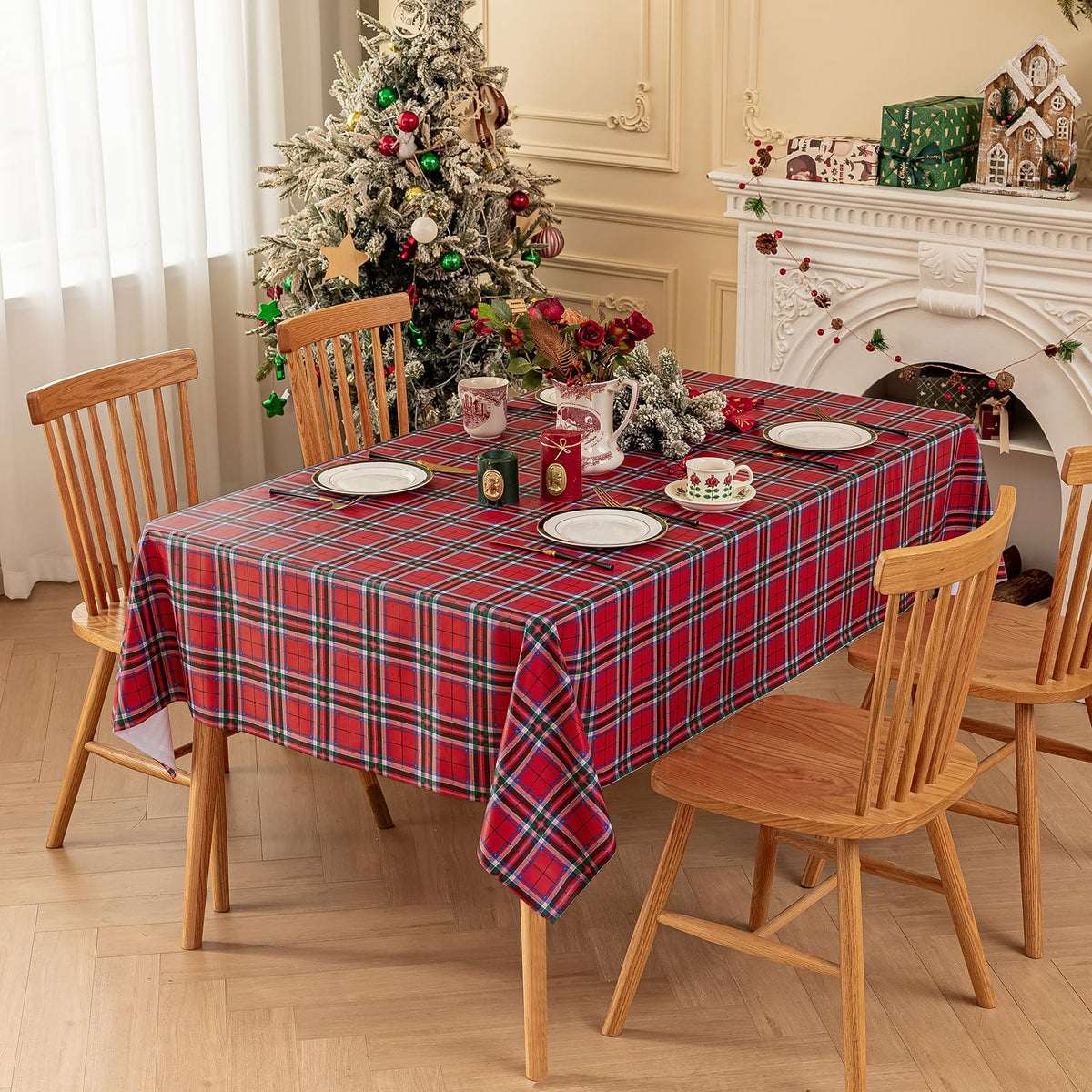 Christmas Plaid Vinyl Tablecloth, Rectangle 54 x 78, Red