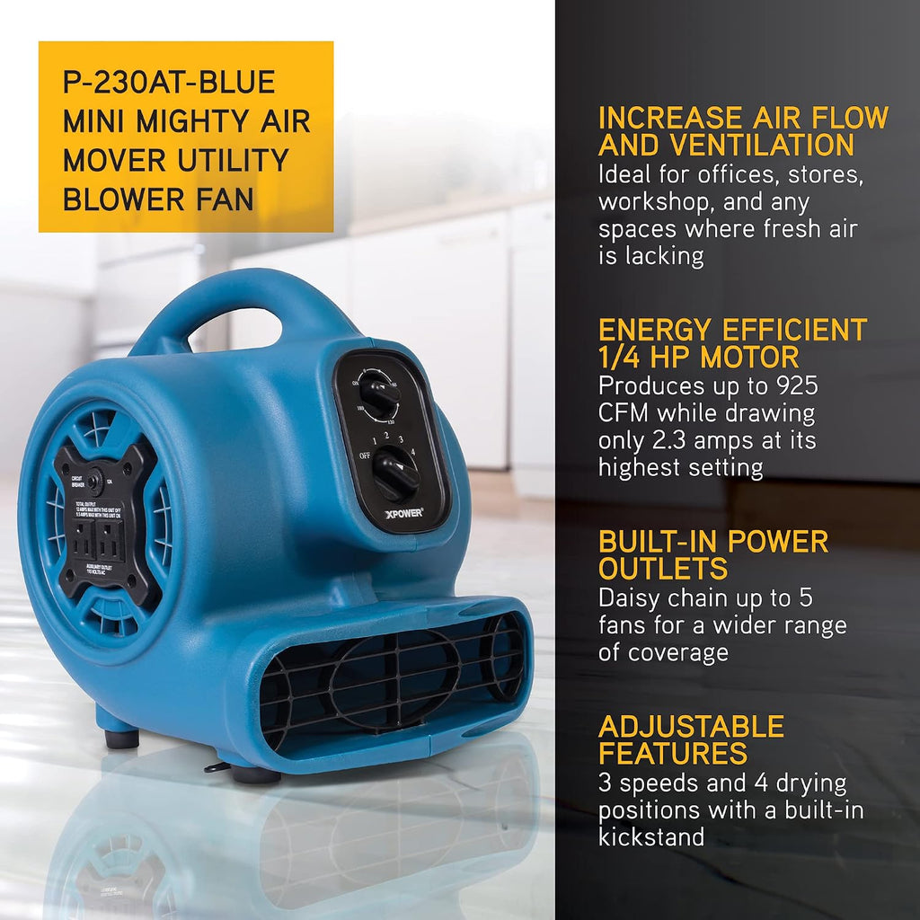 P-230AT Mini Mighty 1/4 HP 925 CFM Centrifugal Air Mover, Carpet Dryer, Floor Fan, Blower, Stackable, Daisy Chain