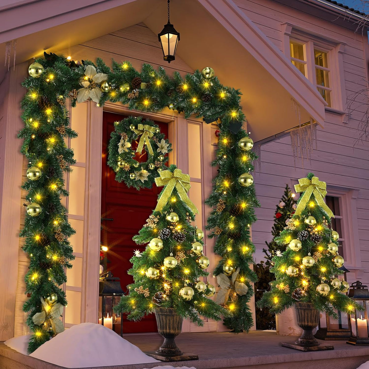 4 Piece Pre Lit Gold Christmas Garland and Wreath Set 3 ft Entrance Trees 17.72" Front Door Christmas Wreath 7.87 ft