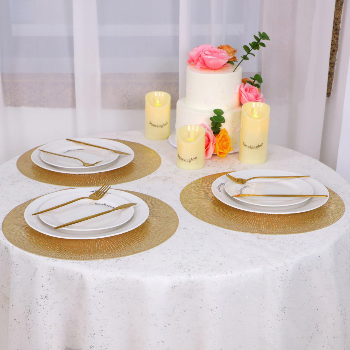 Round Gold Placemats Set of 12, Gold Vinyl Metallic 15 Inch Round Placemat, Washable Wipeable Hollow Place Mats Non