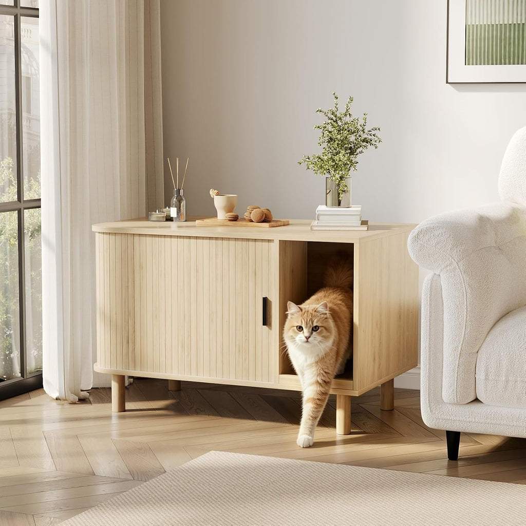 Cat Litter Box Enclosure with Sliding Door & Ventilation,Natural