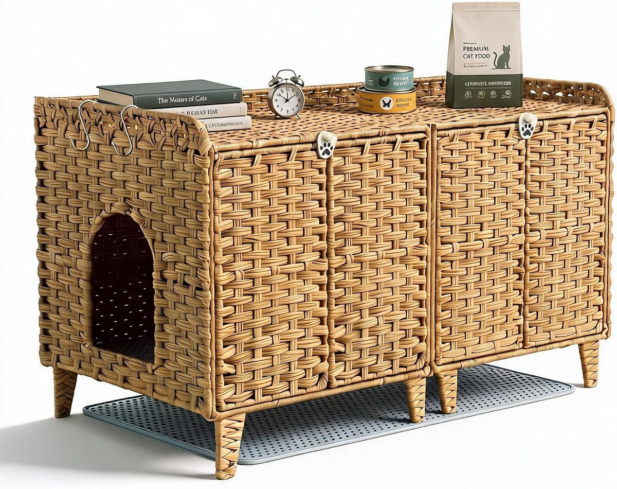 Cat Litter Box Enclosure for 2 Cats, PE Rattan