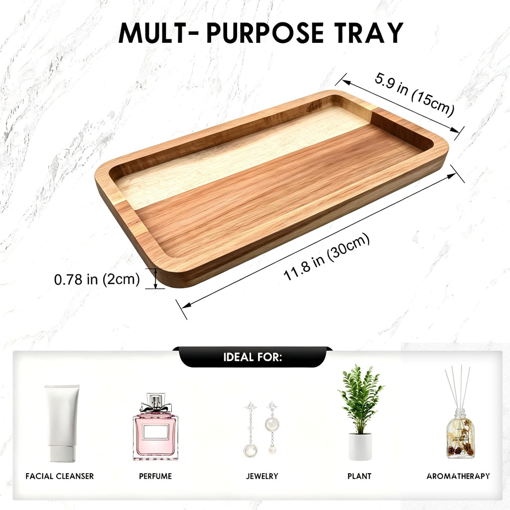 Vanity Bathroom Tray for Counter, Wood Tray for Bathroom, Toilet Tank, Perfume 11.8L x 5.9W x 0.8H inch (Acacia)