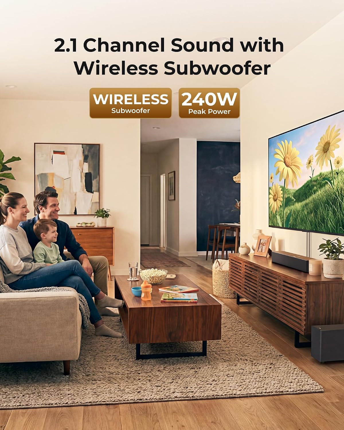Sound Bar with Wireless Subwoofer, App Control, for Home Theater | 240W Peak Power, VoiceMX & BassMX, 2.1ch Soundbar