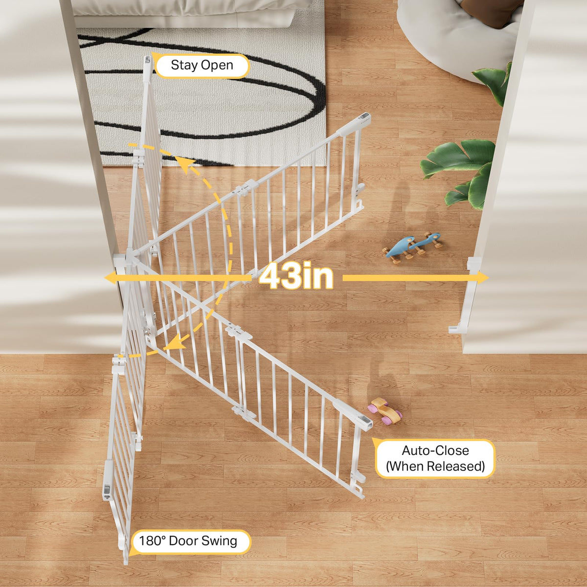29.2-43" Adjustable Hardware/Pressure-Mounted Pet & Child Safety Gate with Auto-Close Walk-Through Door for Stairs, Hallways & Wide Doorways — White