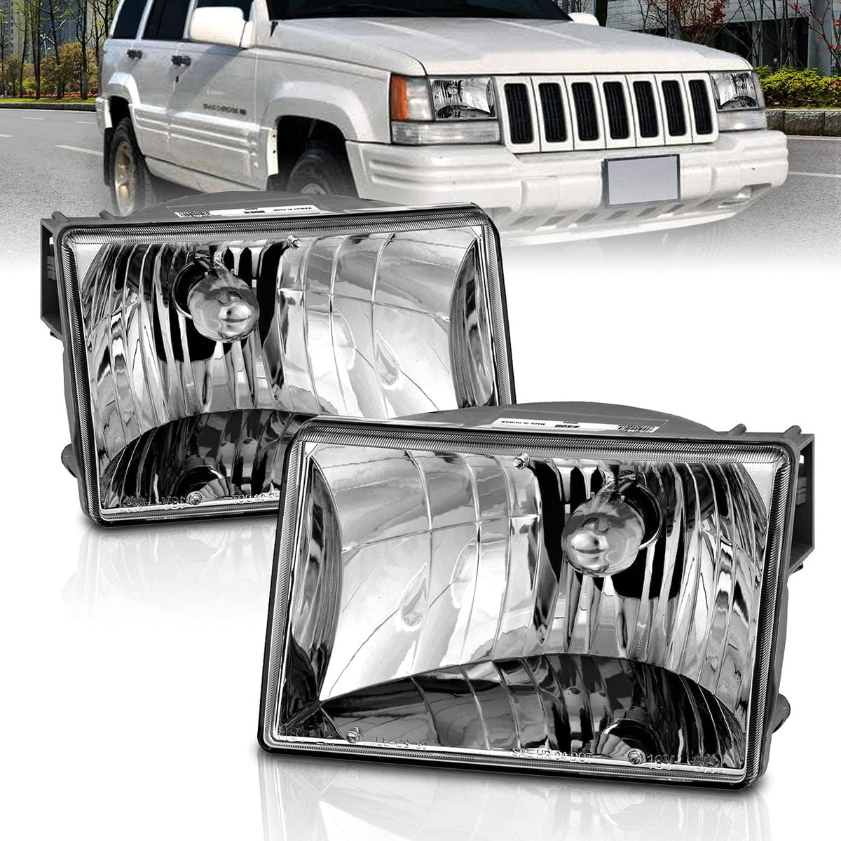 AmeriLite for 1993-1998 Jeep Grand Cherokee Replacement Crystal Chrome Main Kit Headlights Assembly Pair - Driver and Passenger Side