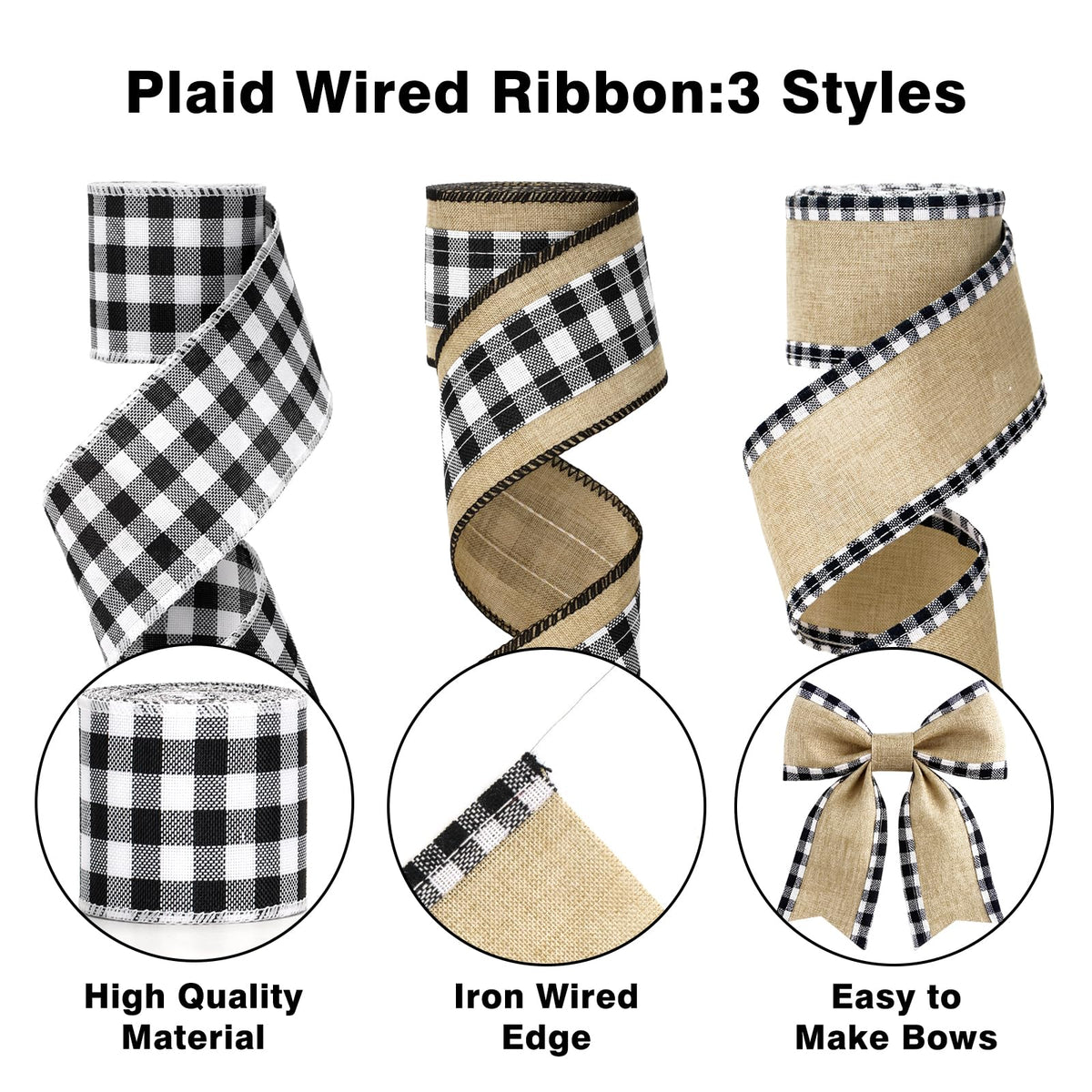 Buffalo Plaid Ribbon Wired – 3 Rolls 2.5'' x 18 Yards, Burlap Black and White Plaid Ribbons for Crafts, Christmas