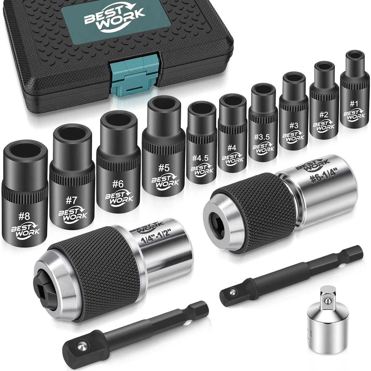 Bestwork 15-Piece Tap Socket Set, 1/4" & 3/8" Square Drive Tap Socket