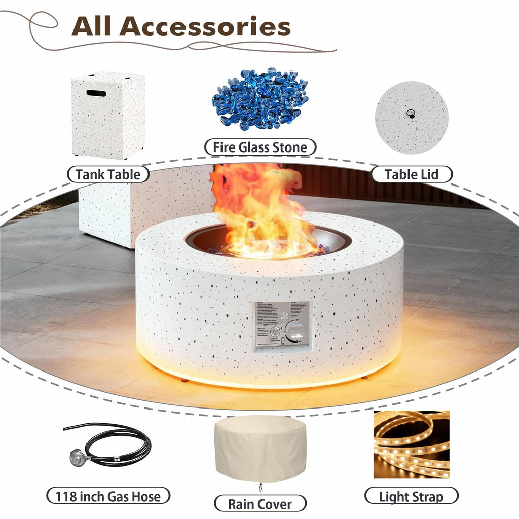 30" Round Outdoor Propane Fire Pit Table with LED for Outside Patio