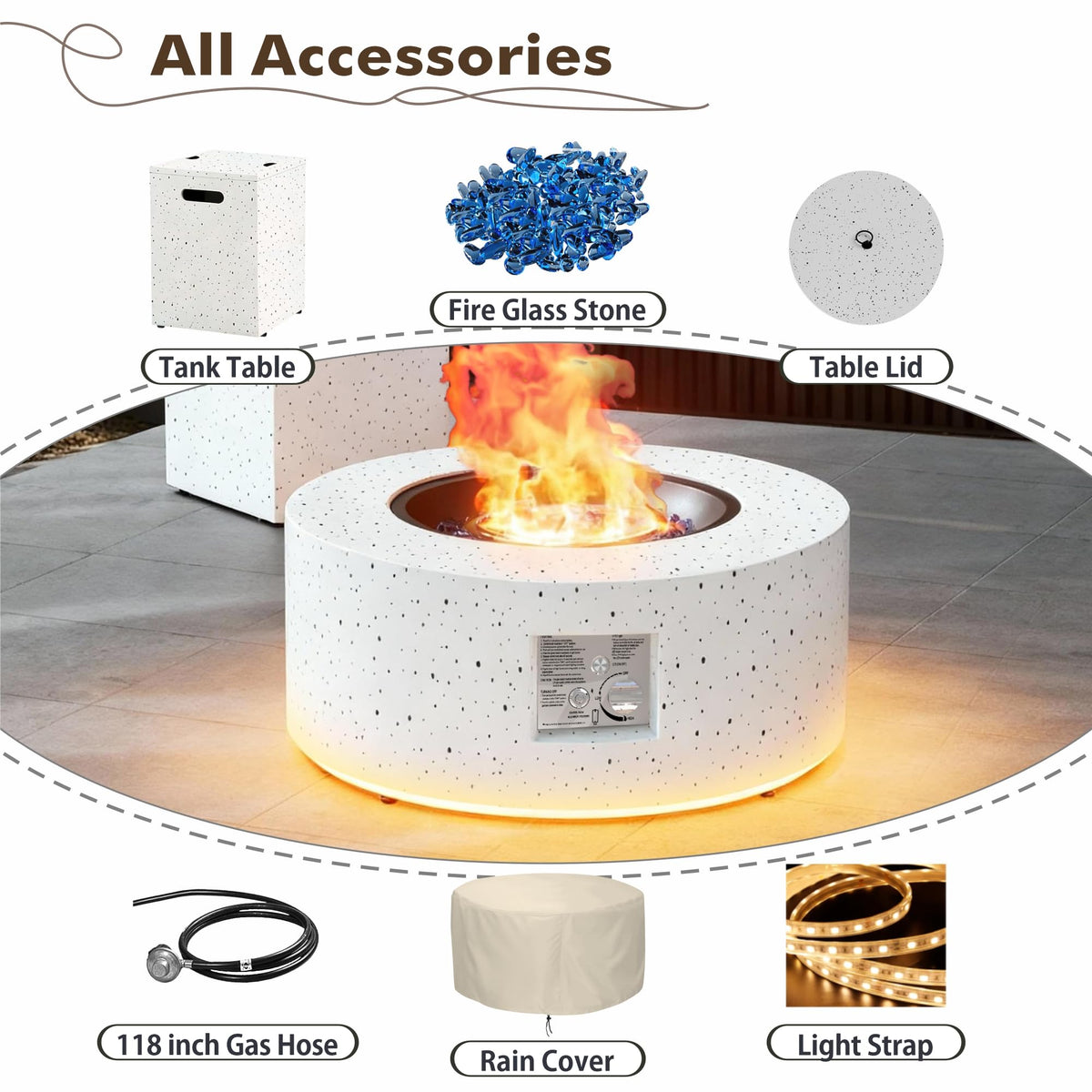 30" Round Outdoor Propane Fire Pit Table with LED for Outside Patio