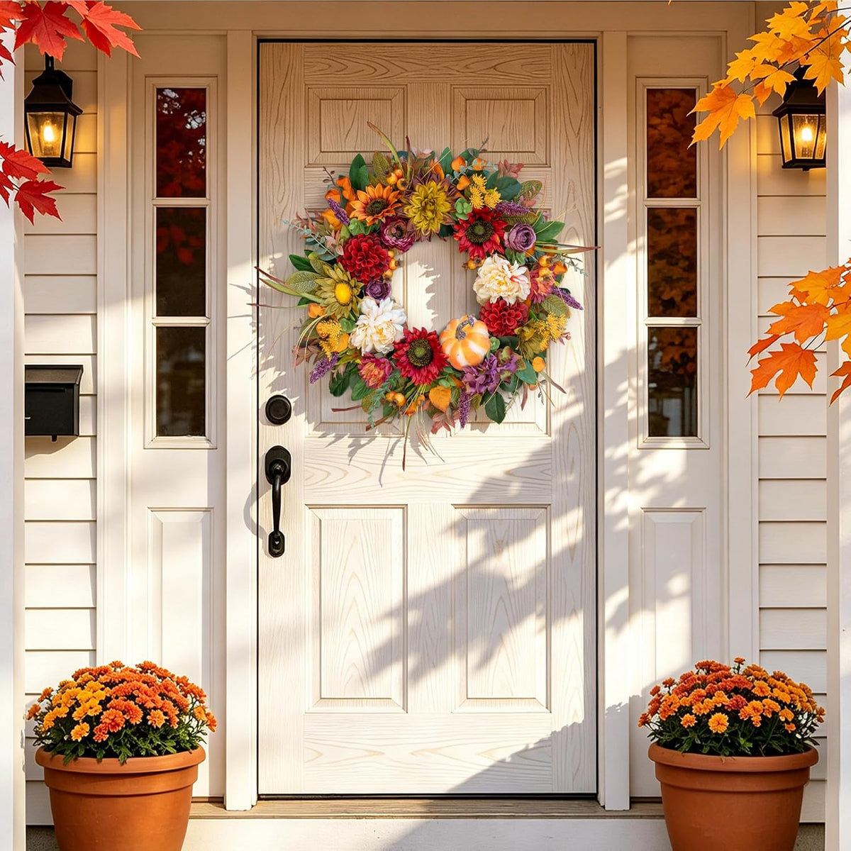 24 Inch Fall Wreaths for Front Door, Autumn Farmhouse Harvest Wreath | Fall Door Wreath with Sunflowers, Peony